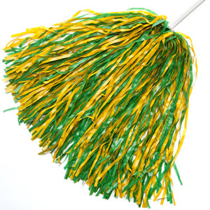 a green and yellow gold pom pom shaker on a plain white stick handle