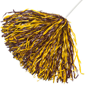 a maroon and yellow gold pom pom shaker on a plain white stick handle