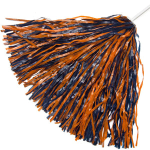 a navy blue and orange pom pom shaker on a plain white stick handle