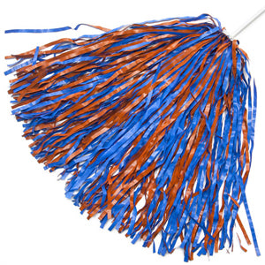 a orange and royal blue pom pom shaker on a plain white stick handle