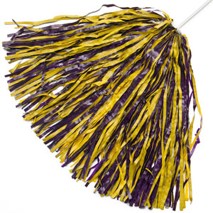 a purple and yellow gold pom pom shaker on a plain white stick handle