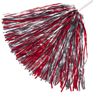 a red and grey pom pom shaker on a plain white stick handle