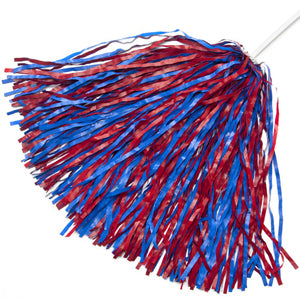a red and royal pom pom shaker on a plain white stick handle