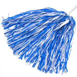 a blue and white pom pom shaker on a plain white stick handle