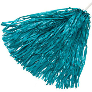 a teal pom pom shaker on a plain white stick handle