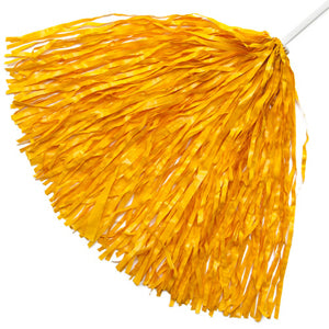 a yellow gold pom pom shaker on a plain white stick handle
