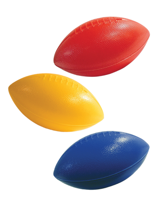 A set of three unimprinted plastic footballs in different colors: red, yellow, and blue.