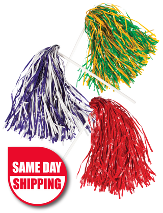 A set of colorful pom-pom shakers with stick handles, displayed in red, blue, green, and yellow varieties, indicating support for various teams or groups.