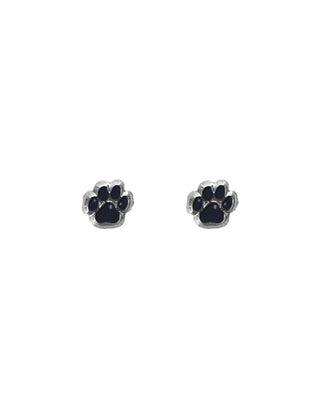 A pair of silver-colored mini black paw print stud earrings on a white background.