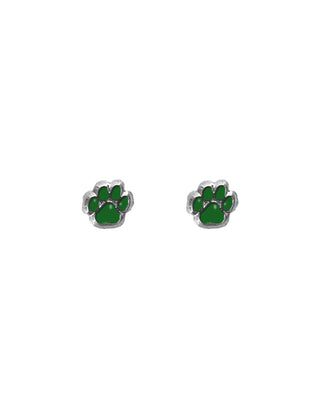 A pair of silver-colored paw print earrings with green accents.