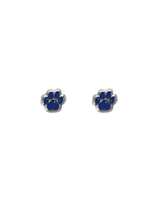 A pair of silver-colored mini paw print earrings with navy accents, displayed against a white background.