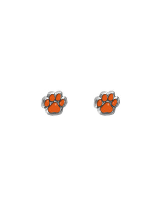 A pair of silver mini paw print earrings with orange accents.