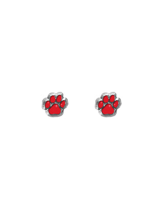 A pair of silver mini paw print earrings with red accents.