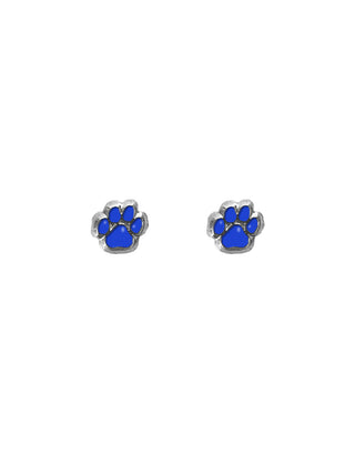 A pair of silver-colored mini royal blue paw print earrings on a white background.