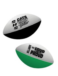 Two foam footballs with different color combinations, one in black and white with a logo, and the other in green and white with a slogan.