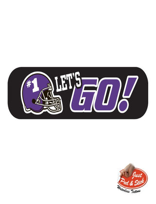 A temporary tattoo featuring a purple and black design with the text '#1 LET'S GO!' and a football helmet.