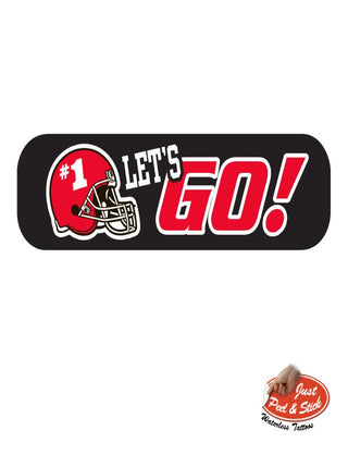 A temporary tattoo featuring a red and white design with a football helmet and the phrase '#1 Let's Go!'