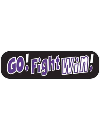 A temporary tattoo with the words 'GO Fight Win' in purple on a black background.