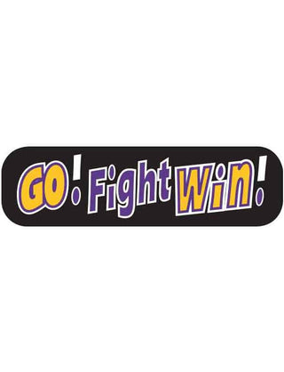 A temporary tattoo with the phrases 'GO Fight Win' in purple and gold colors on a black background.