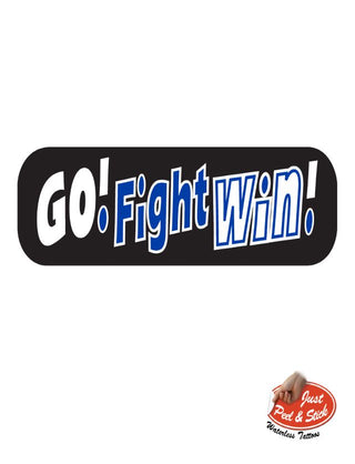 Temporary tattoo with the text 'GO! Fight Win!' in royal blue and white on a black background.