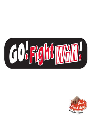 Temporary tattoo with the text 'GO! Fight Win!' in red and white on a black background.