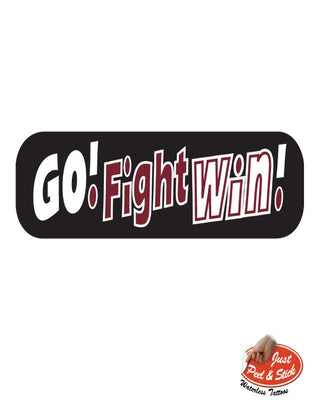 A temporary tattoo with the text 'GO! Fight Win!' in maroon color on a black background.