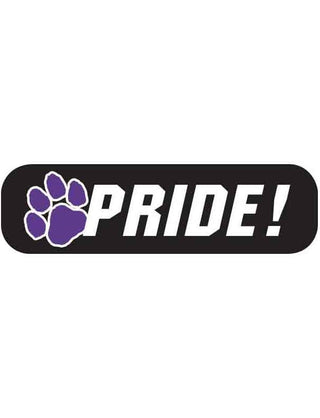 A temporary tattoo featuring the word 'Pride!' with a paw print symbol, designed in purple on a black background.
