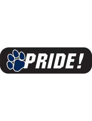A temporary tattoo with the text 'PRIDE!' next to a paw print, predominantly in navy blue on a black background.