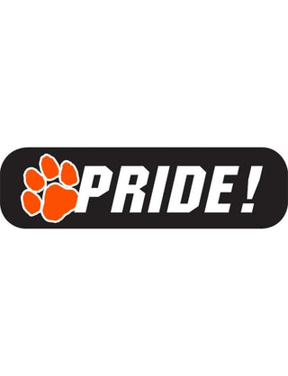A temporary tattoo featuring the text 'PRIDE!' with an orange paw print, all set against a black background.