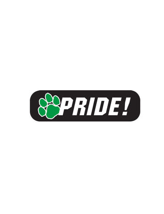 A temporary tattoo with the text 'PRIDE!' and a paw print symbol in green on a black background.