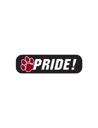 Temporary tattoo with the text 'PRIDE!' accompanied by a paw print symbol, predominantly in maroon and white colors.