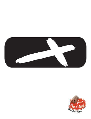 A temporary tattoo featuring a white cross on a black background, designed for use on various surfaces without water.