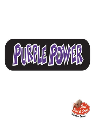 A temporary tattoo with the text 'Purple Power' in purple ink on a black background.
