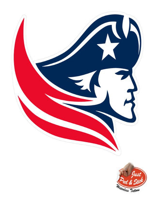 A temporary tattoo featuring a profile of a patriot revolutionary figure wearing a tricorn hat, predominantly in red and blue colors with white stars.