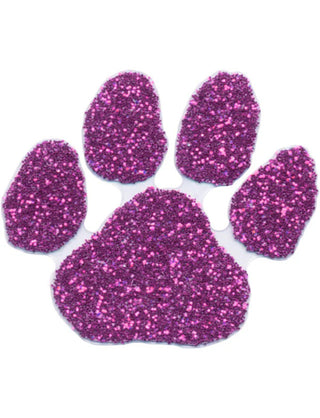 A purple glitter-covered paw print temporary tattoo.