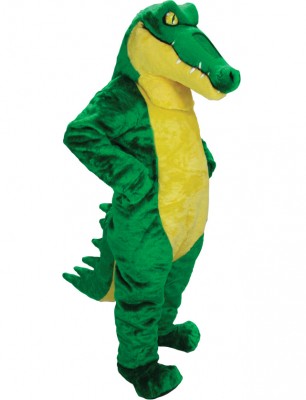 A person in a green and gold gator mascot costume with a bright green body and tail, gold underbelly, and fierce golden eyes.