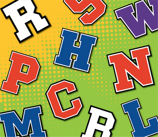 a collage of red, white and blue letter temporary tattoos on a yellow and green background