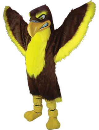  Brown/ gold eagle mascot costume with open wings on a white background