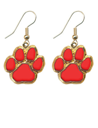 Gold Paw Dangle Earrings - Red