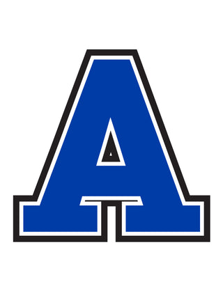 A blue temporary tattoo in the shape of the letter A with a small triangle cut out in the center.