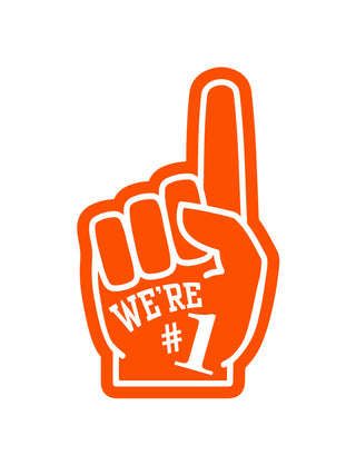 An orange foam finger temporary tattoo with the phrase 'WE'RE #1' printed on it.