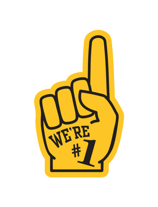 A yellow foam finger temporary tattoo with the phrase 'WE'RE #1' printed on it.