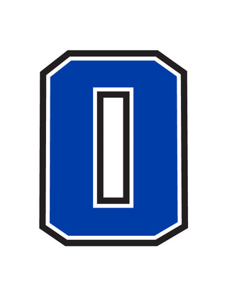 A blue temporary tattoo in the shape of the letter O with a white border.